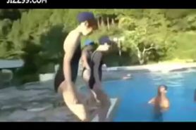 cute busty teen wear dissolve swimsuit in swimming pool