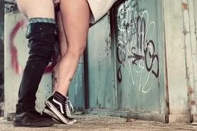 Quickie in an abandoned warehouse, first time in public, tattooed couple