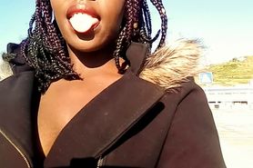 Juicy Ebony Interracial & Public Flashing Ikea Car Lot Cum in Mouth