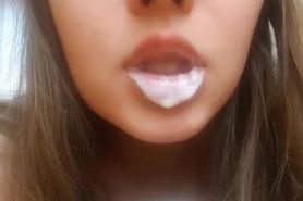 Horney blondy with big lips pushing milk out of mouth