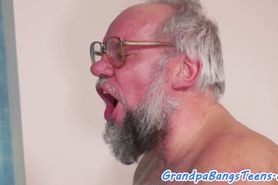 Cocksucking teen riding grandpas dick