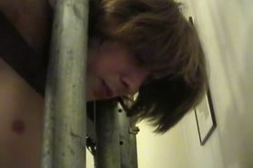 Submissive stud handcuffed to wall and painfully as fucked.