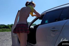 Young slut wife naked drives a car and showed with pussy in the mall (NO PANTIES, UPSKIRT)