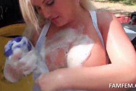 Huge titted blonde playing the car wash