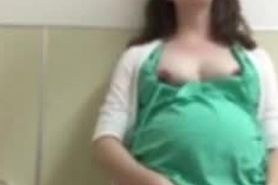 Pregnant receptionist is too horny, sneaks into bathroom