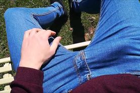 Massaging my hard cock in my skin tight jeans in a park