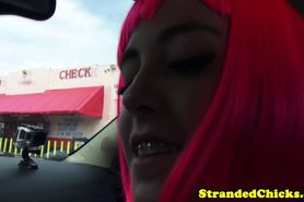 Cosplay hitchhiker with braces sucking cock after teasing