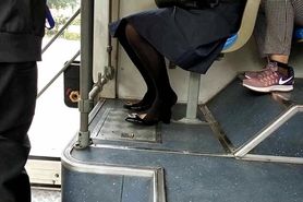 Chinese Office Lady heelpop shoeplay on the bus