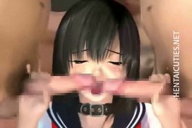 Japan 3D anime schoolgirl eat two dicks