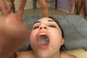 One girl and many guys cum on her