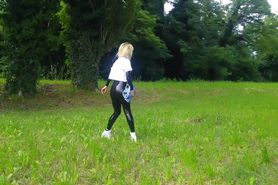 Latex catsuit under jeans shorts and tee shirt