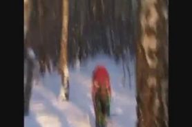 My girlfriend naked in winter forest