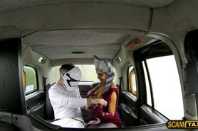 Hot star wars fan have sex in the taxi and gets awarded a hot cum