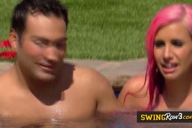 Couples are sharing their sex experience as swingers, naked in the pool
