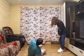 Funny girl learns to beat in the balls