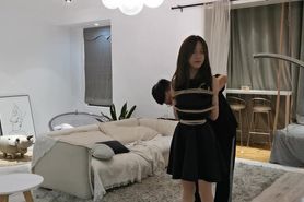 Chinese black dress teen hanging bondage