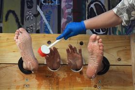Damien’s soapy scrubbed tickled feet and hands