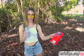 Sexy blonde teen Anya Olsen rides on a big dick guy outdoors
