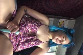 Blue-haired hottie masturbates and fingers fat pussy while gf watches