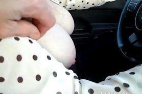 Girl Driving around town with Tits Out