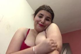 Sexy thick white latina is masturbating and playing with her creamy pink pussy while on period