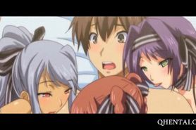 Horny Anime girls sharing dick in gangbang