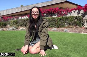 Nerdy teen asian Eva Yi flashes her tits in public