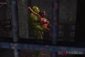 Young anal horny sex slave gets fucked by big green monster in dungeon