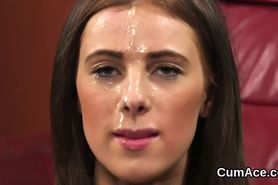 Nasty looker gets jizz shot on her face gulping all the cream