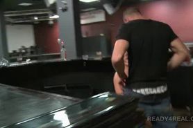 Blond amateur in big tits cunt licked for money in a bar