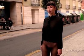 Mademoiselle public walks with no skirt in see-thru pantyhose
