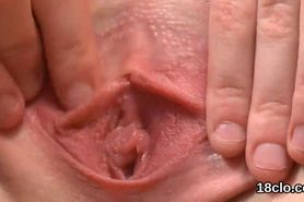 Ideal teen is stretching narrow cunt in closeup and having orgasm