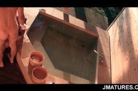 Asian geisha gives BJ and gets pussy nailed in public jacuzzi