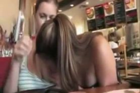 Two hot chicks fondling and fingering in a public restaurant