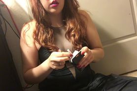 Pale Redhead Teen Babe Smoking White Filter Cigarette in Silk Nightie Dress