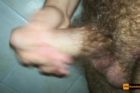 Gorgeous cumshot after hairy cock with tight foreskin gets jerked off