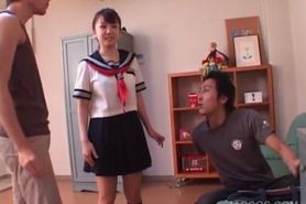 Fragile japanese cutie blows pecker in threesome