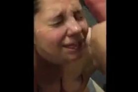 White sluts lets friends cum on her face