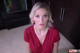 Blonde stepmoms hands are tied and she is ready to suck