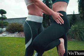 lesbians do yoga in the garden before licking each others wet pussies
