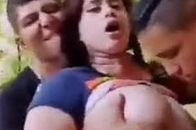 Big tits sucked -  by two guys in public
