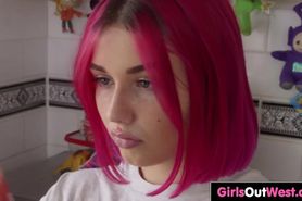 Girls Out West - Cute busty teenie toys her hairy pussy