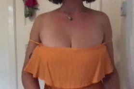 Big boobs popping out of my orange dress