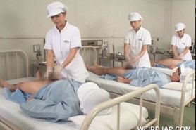 Sweet asian nurses giving handjob in group for cum sample