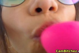 hot babe with glasses sucks and fucks her toy