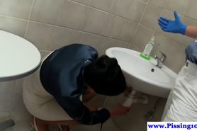 Classy pissing euro girl railed in restroom