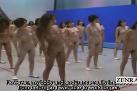 Subtitled big nudist group of Japanese women stretching