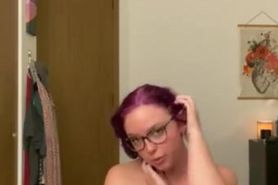 Purple haired slut performs strip tease & rides dildo for daddy