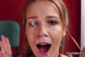 Unusual stunner gets cumshot on her face swallowing all the love juice