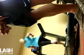 Cum behind blonde milf at gym